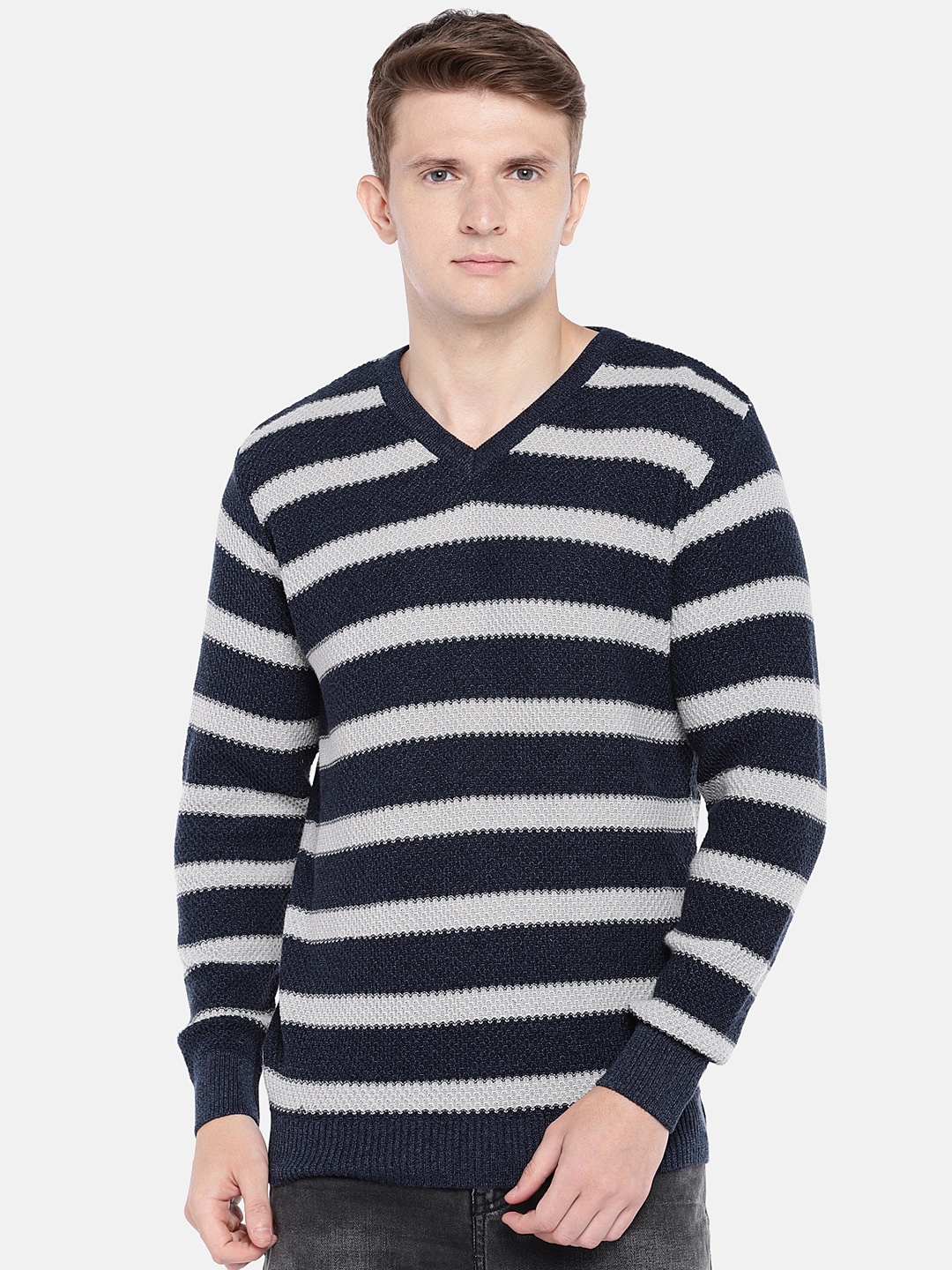 

Globus Men Navy Blue & Grey Striped Sweater