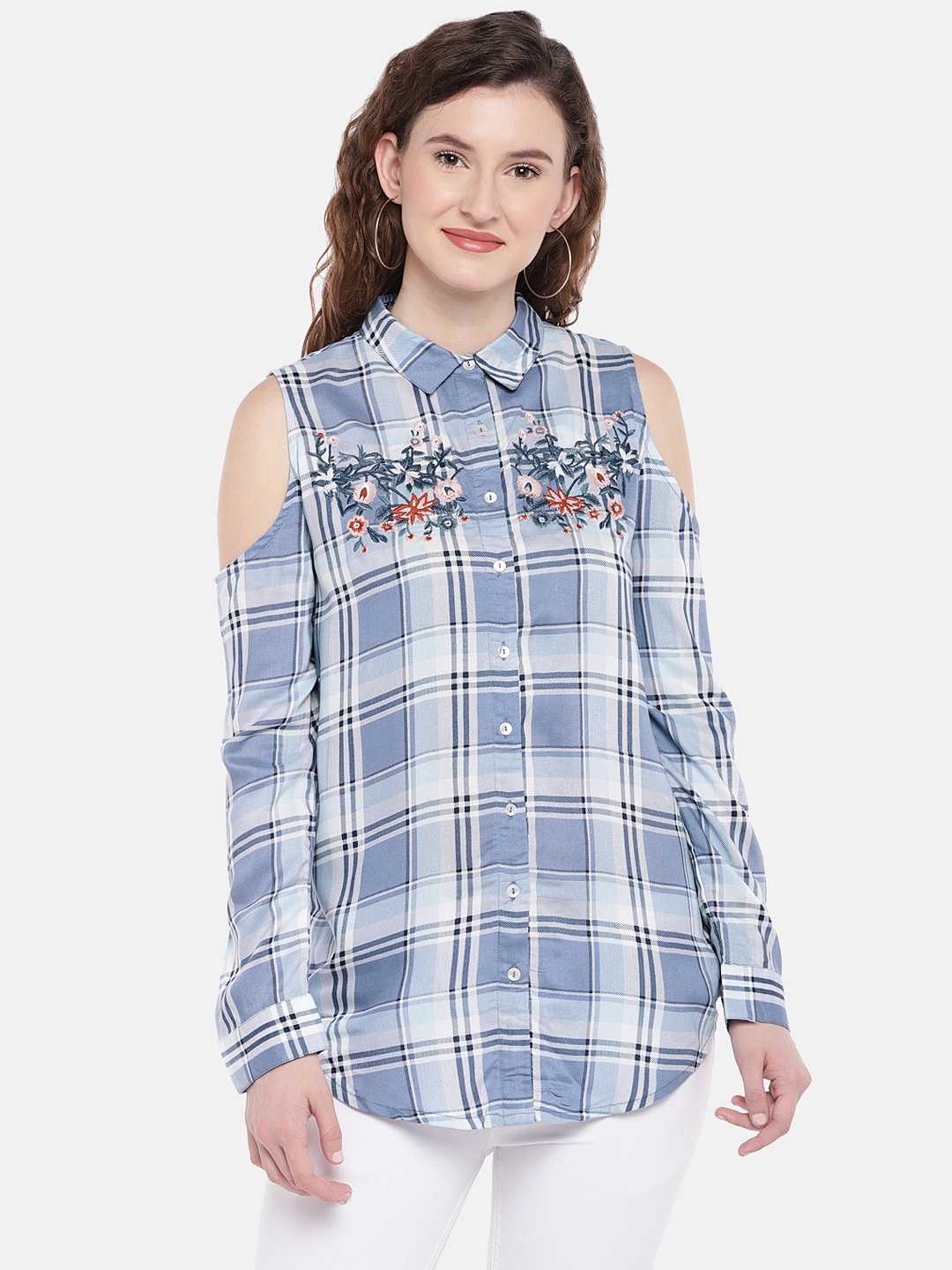 

Globus Women Blue & Off-White Regular Fit Checked Casual Shirt