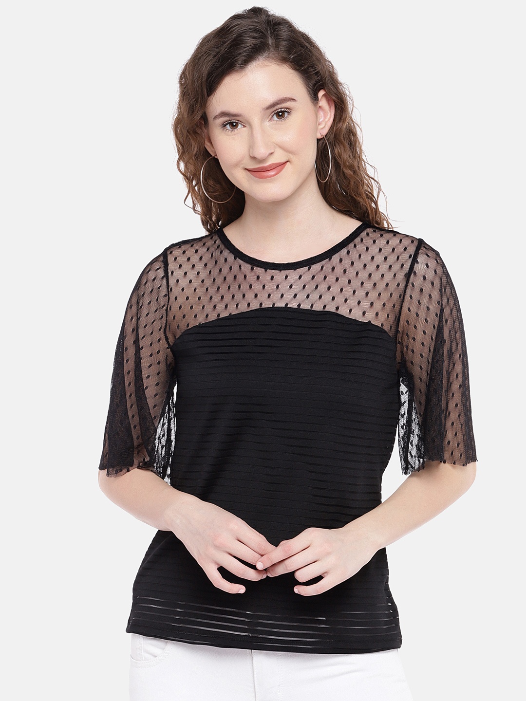

Globus Women Black Self Design Semi-Sheer Top