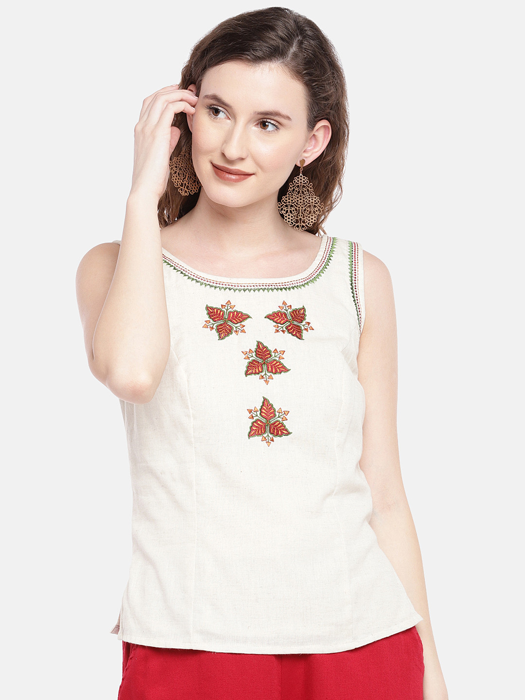 

Globus Women Cream-Coloured Embroidered Top
