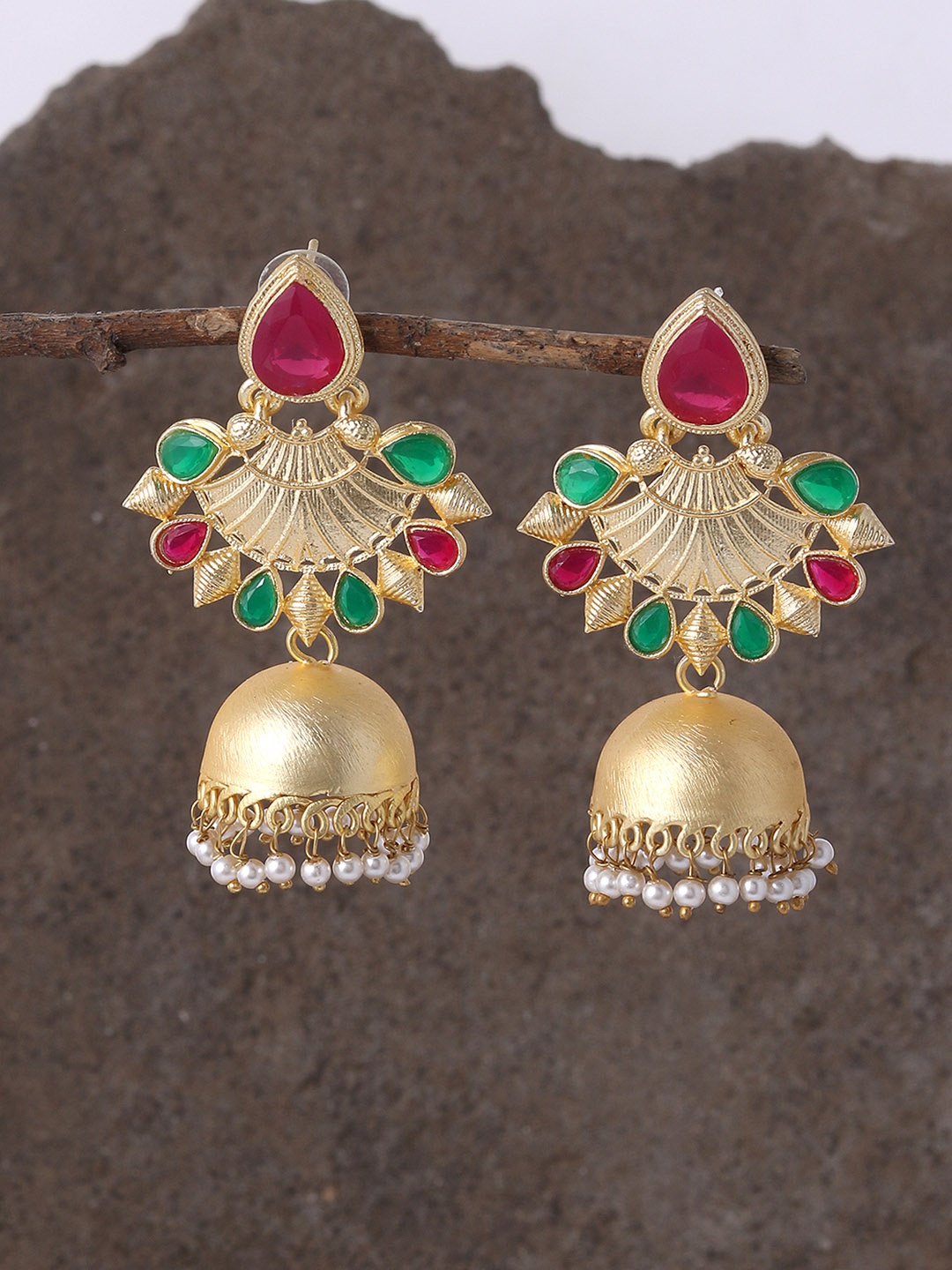 

Silvermerc Designs Gold-Plated & Red Dome Shaped Jhumkas