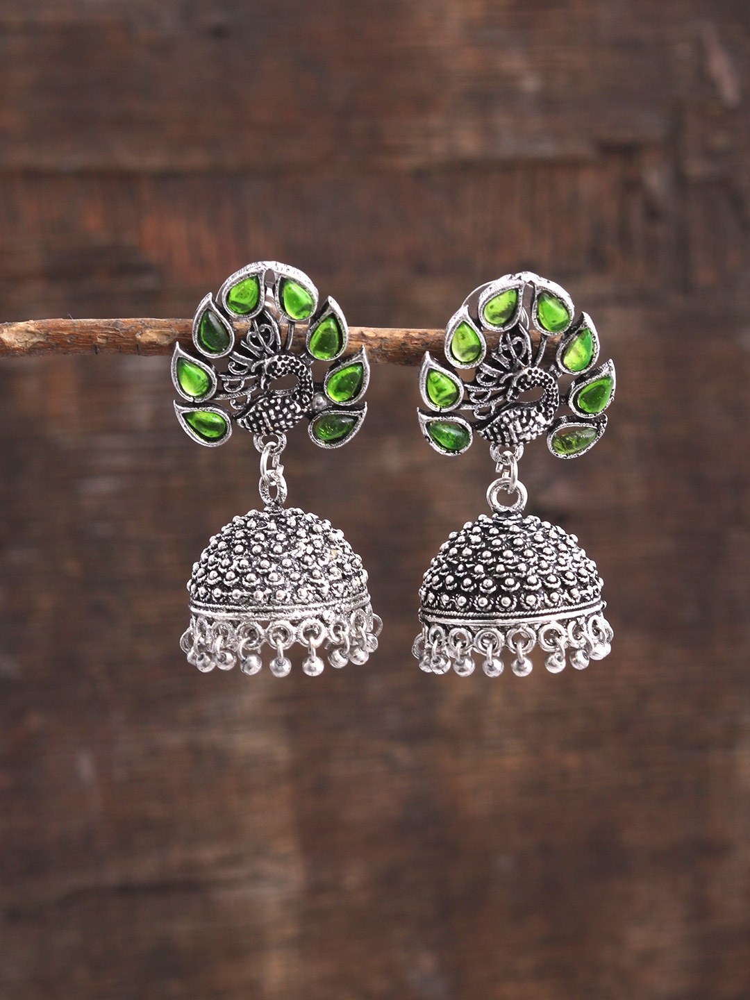 

Silvermerc Designs Silver-Plated & Green Dome Shaped Jhumkas