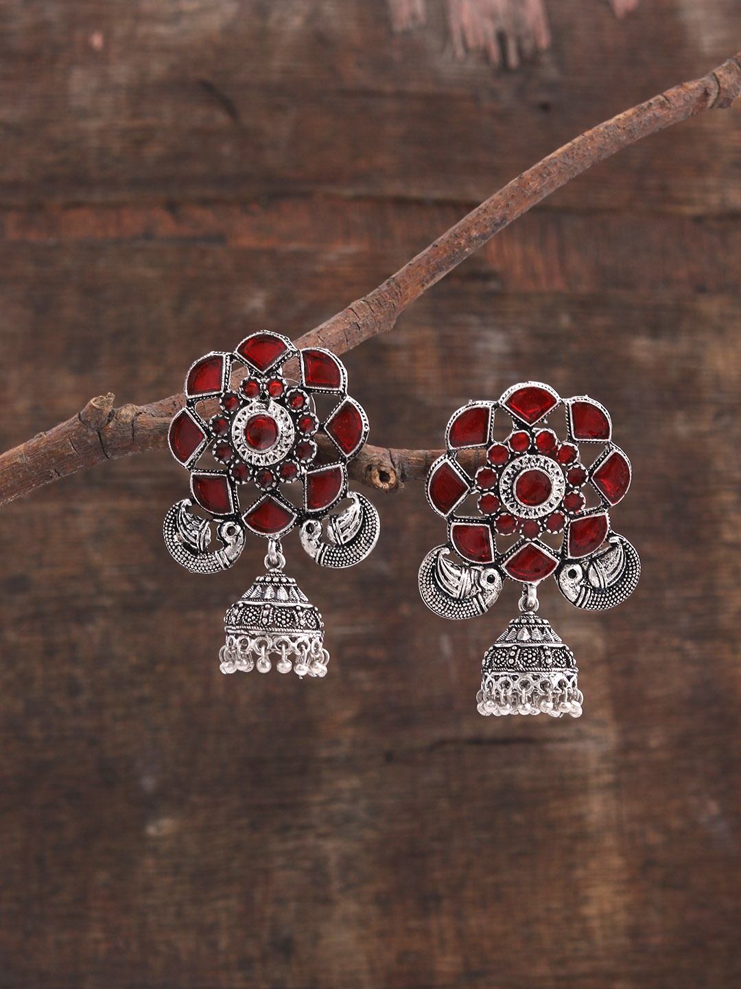 

Silvermerc Designs Silver-Plated & Red Dome Shaped Jhumkas