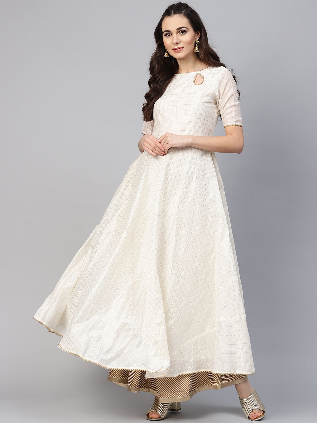 

Inddus Women Off-White & Golden Checked Anarkali Kurta