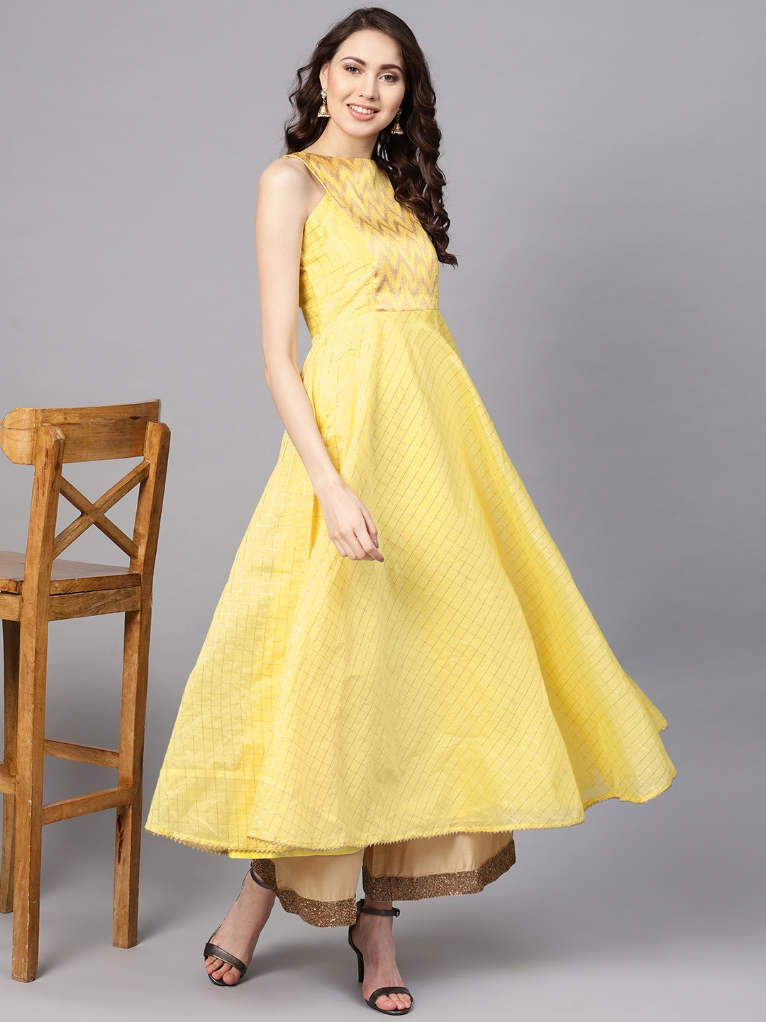 

Inddus Women Yellow & Golden Checked Anarkali Kurta