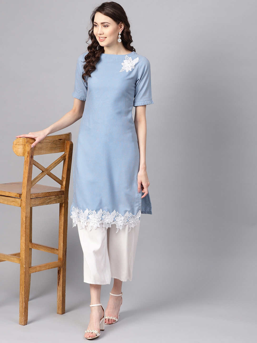 

Inddus Women Blue Solid Straight Kurta with Floral Lace Detail