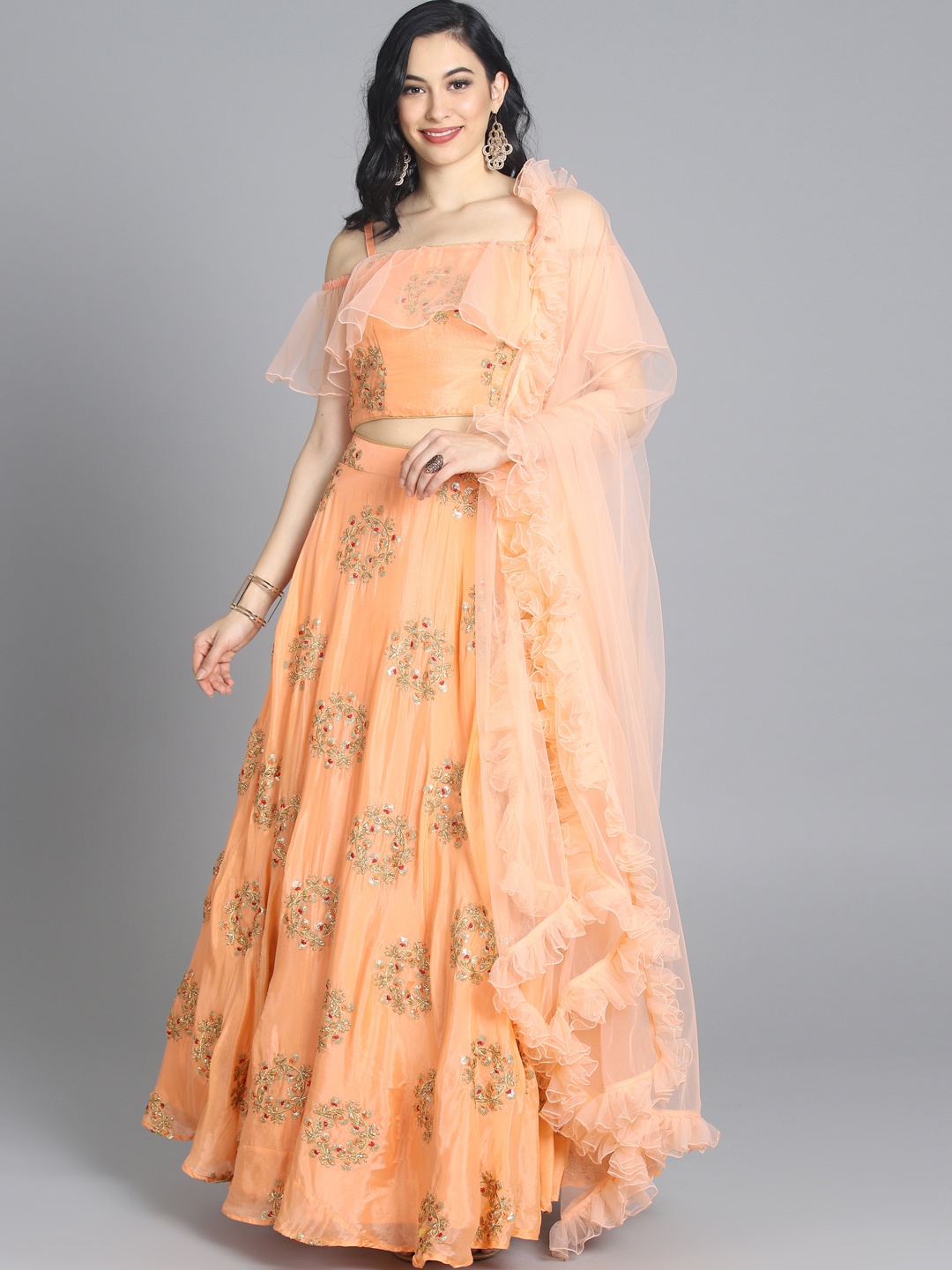 

Ethnovog Peach-Coloured Made to Measure Embroidered Lehenga Blouse with Dupatta