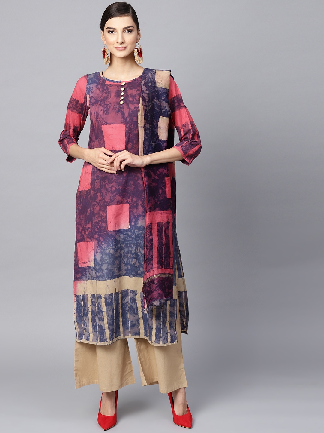 

Meeranshi Women Purple & Beige Printed Kurta with Palazzos & Dupatta