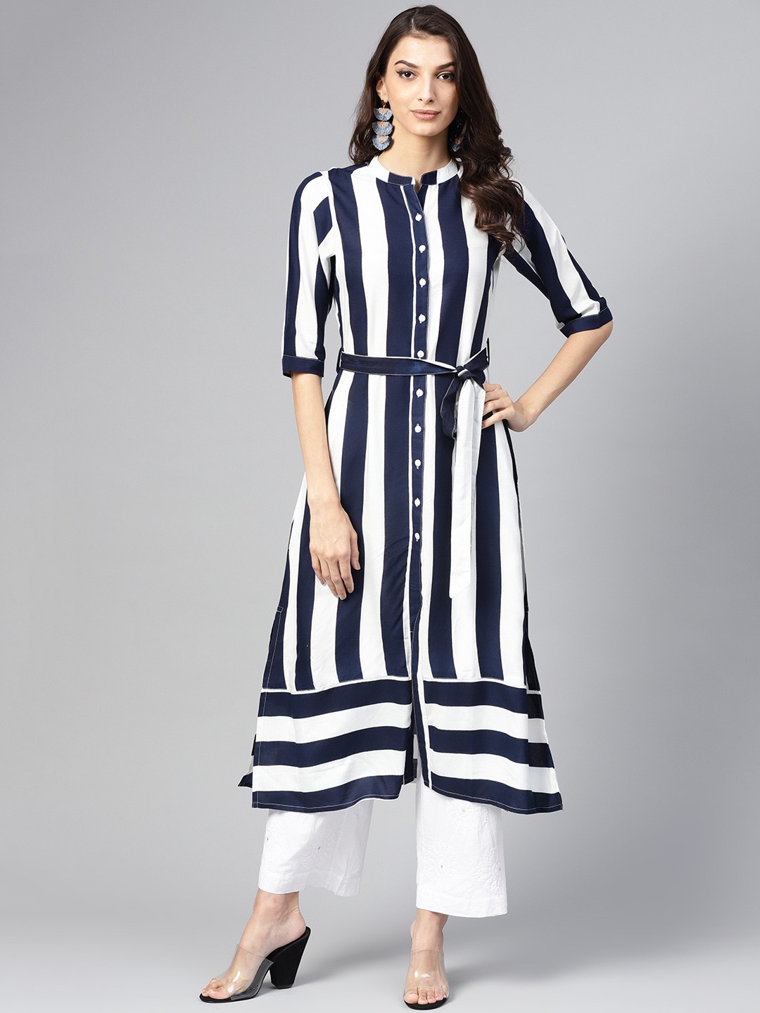 

Meeranshi Women Navy Blue & White Striped A-Line Dress