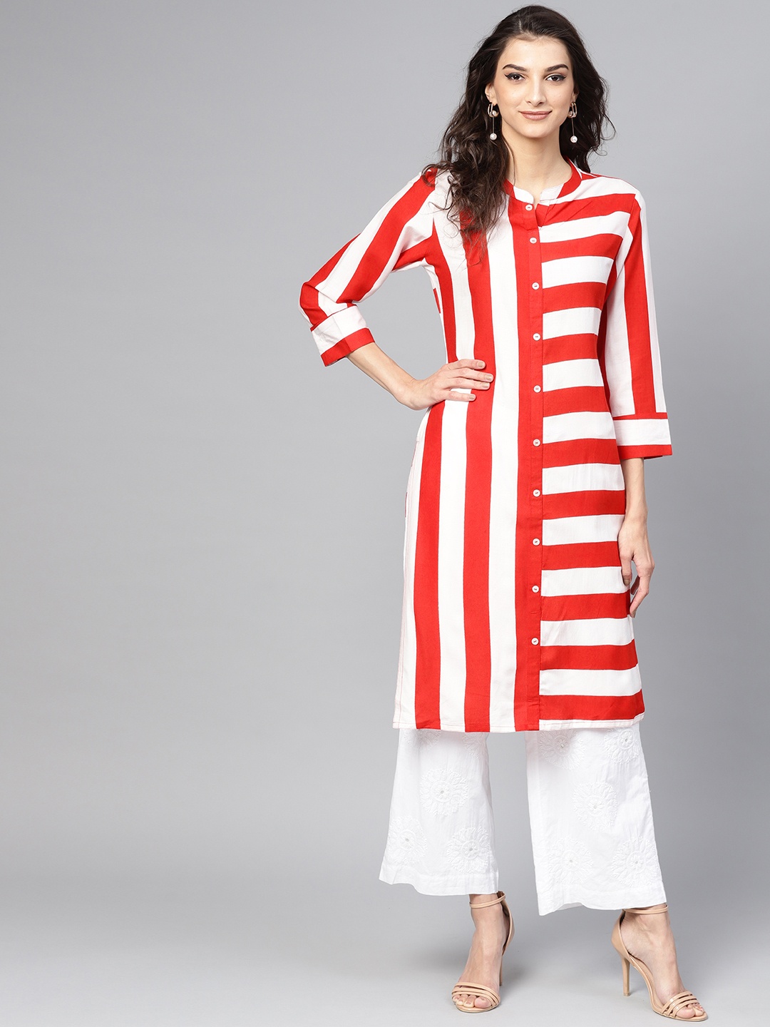 

Meeranshi Women Red & White Striped Straight Kurta