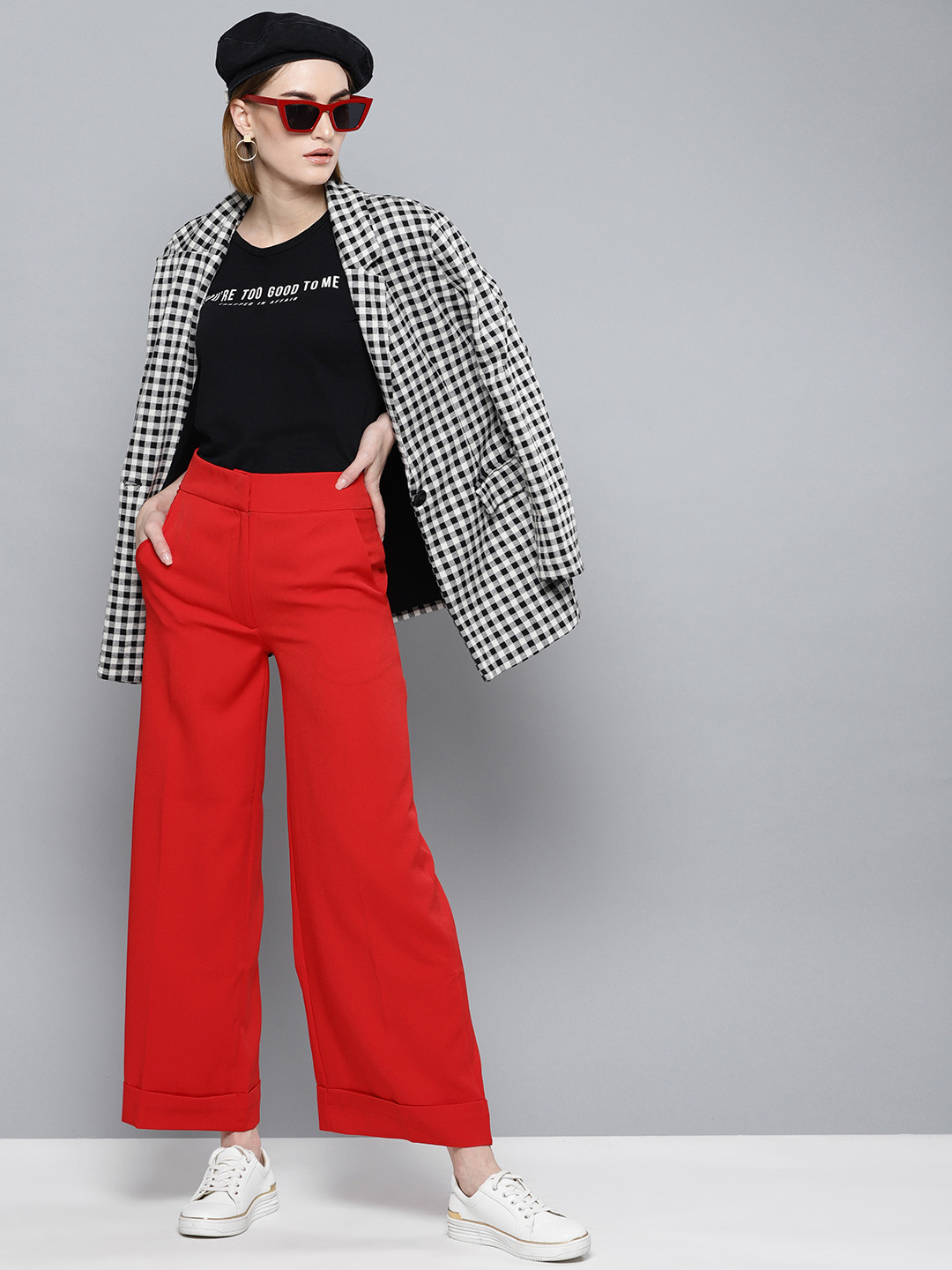 

Harpa Women Red Smart Regular Fit Solid Parallel Trousers