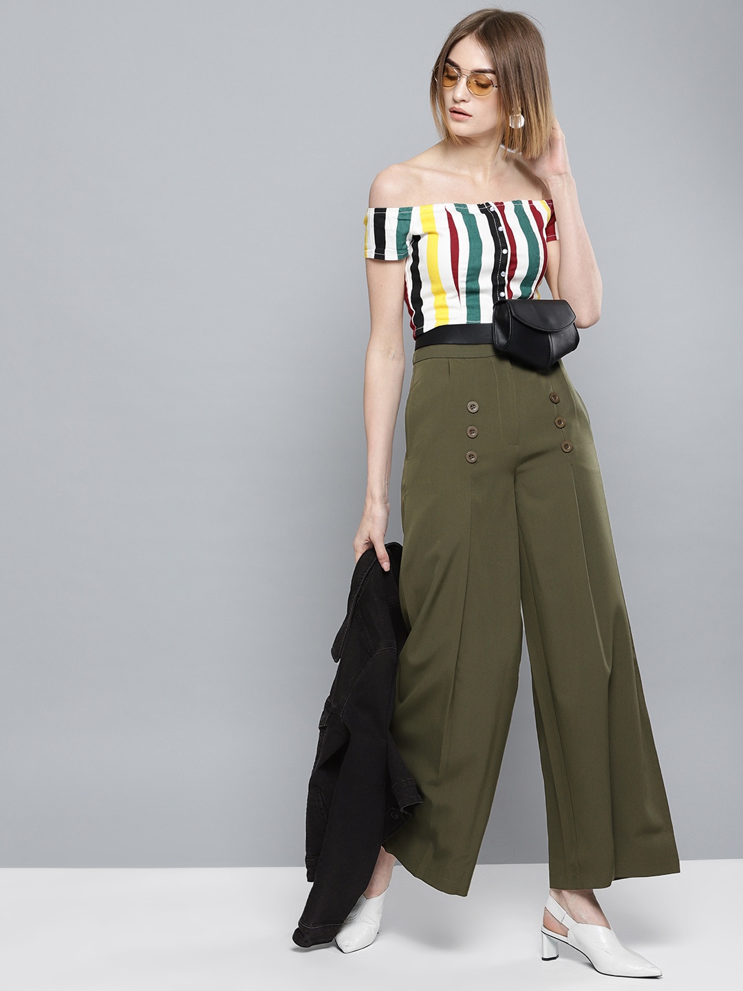 

Harpa Women Olive Green Smart Regular Fit Solid Parallel Trousers