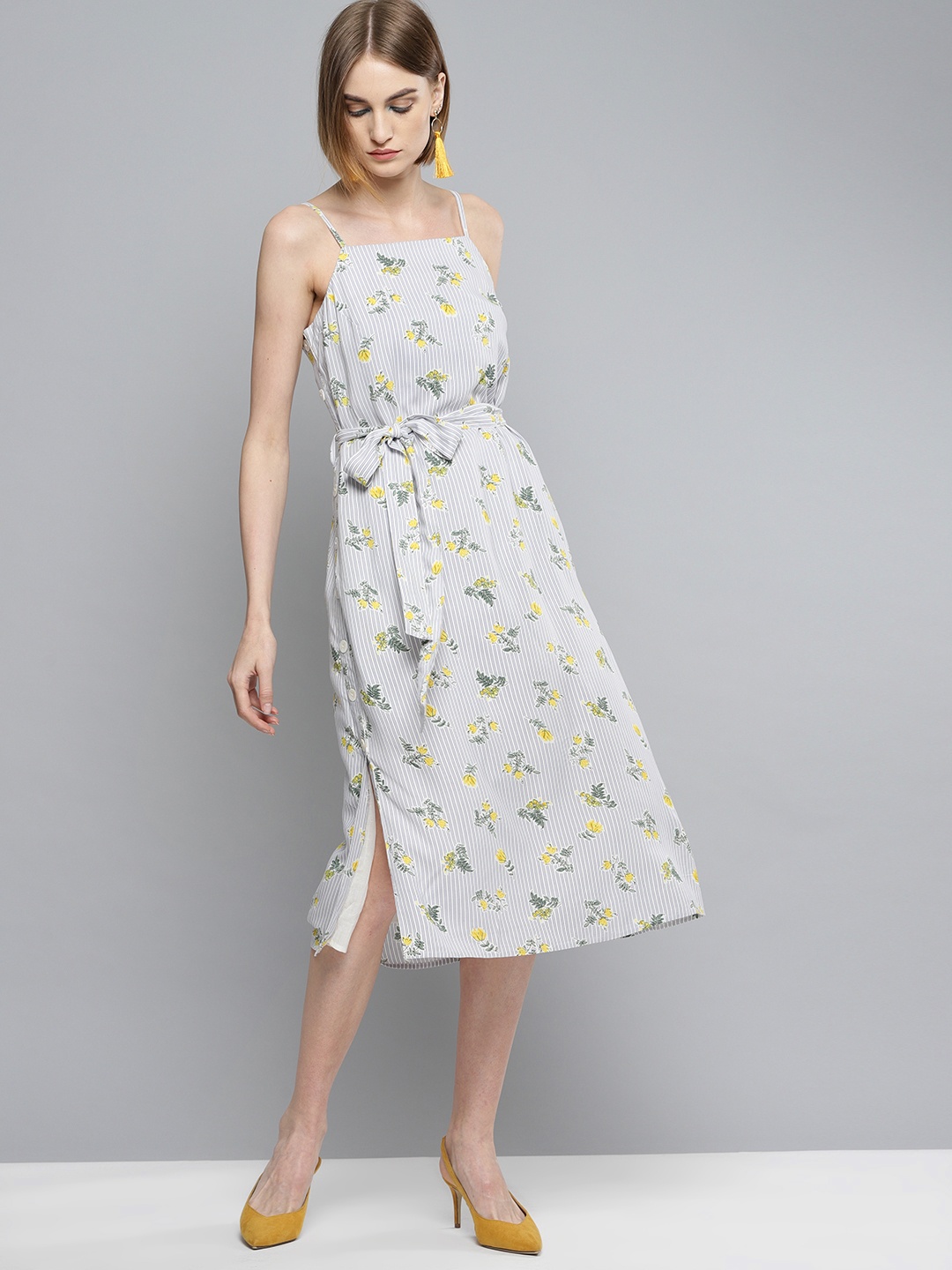 

Marie Claire Women Grey & Yellow Striped A-Line Dress