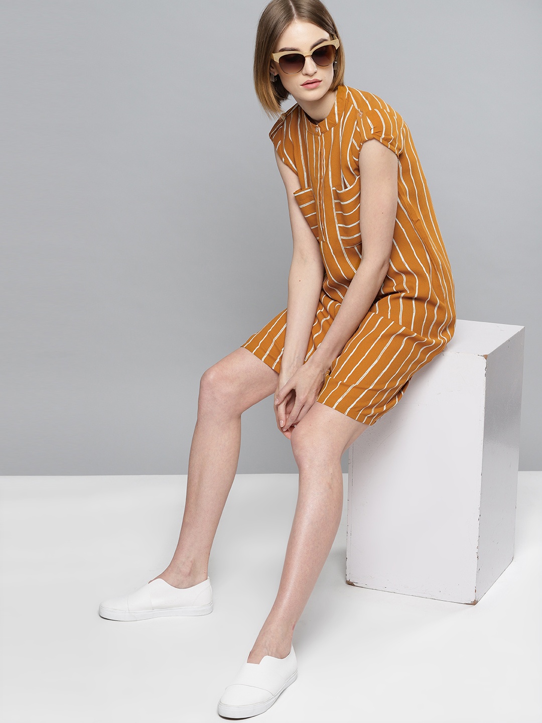 

Marie Claire Women Mustard Brown & Off-White Striped A-Line Dress