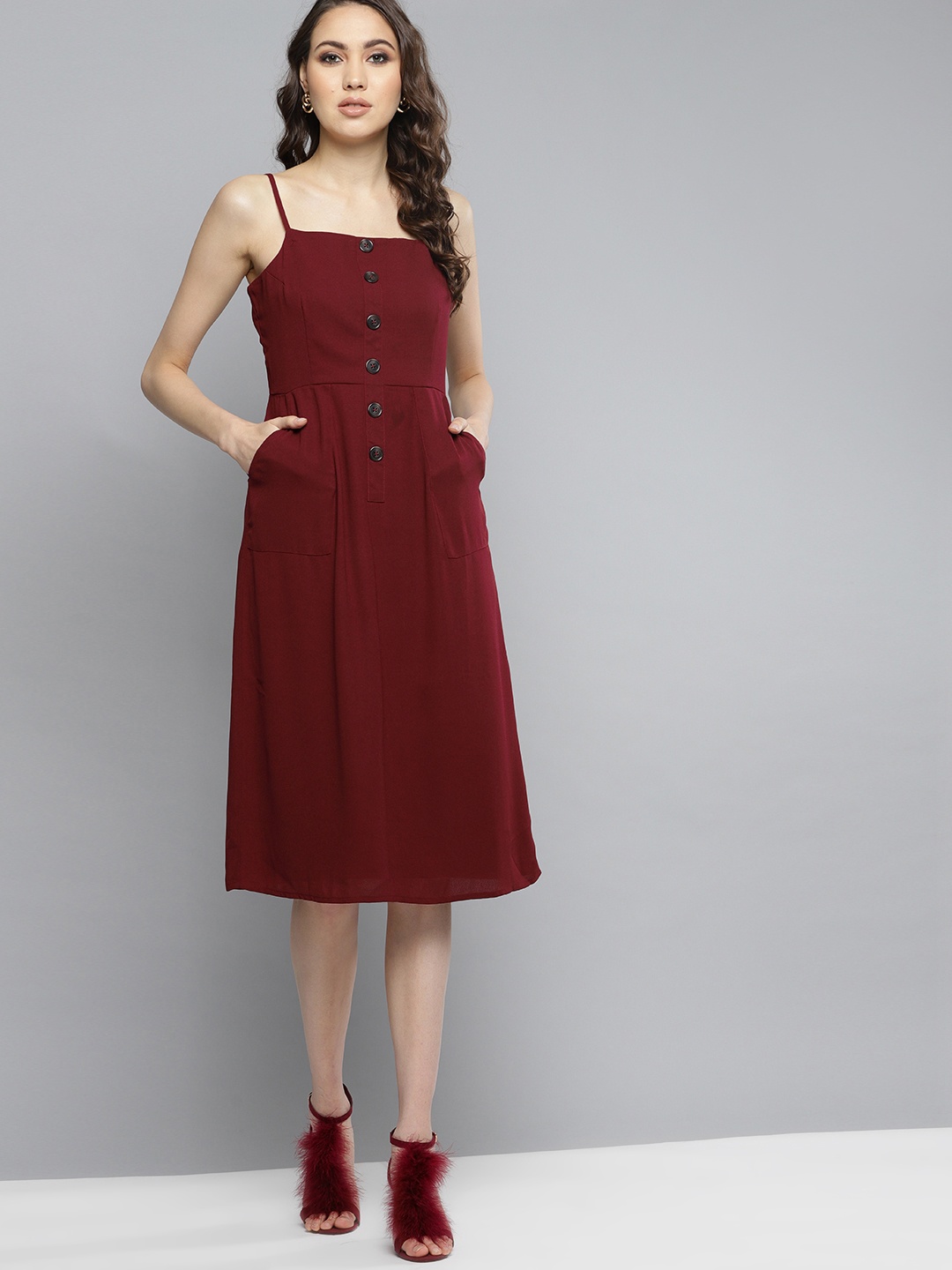 

Marie Claire Women Burgundy Solid A-Line Dress