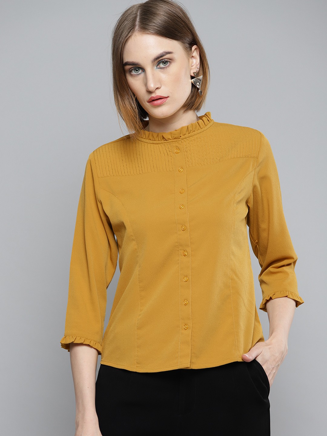 

Marie Claire Women Mustard Yellow Regular Fit Solid Casual Shirt