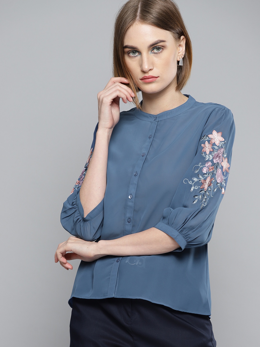 

Marie Claire Women Blue Regular Fit Solid Casual Shirt