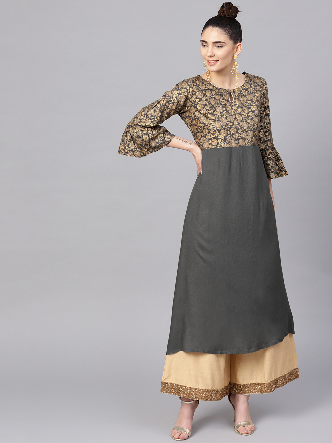 

Varanga Women Grey & Golden Yoke Design Khari Print A-Line Kurta