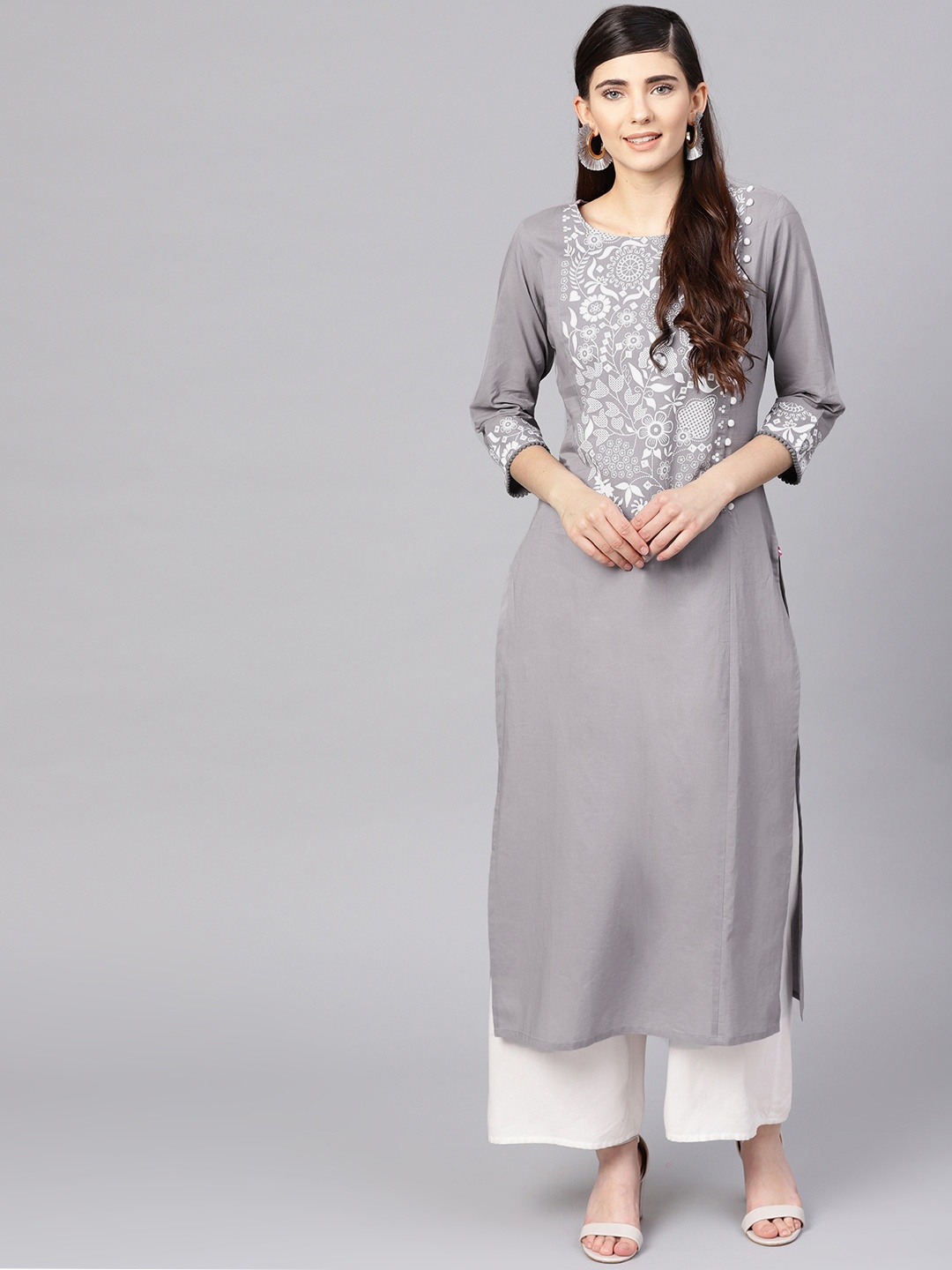 

Varanga Women Grey & White Yoke Design Khari Print Straight Kurta