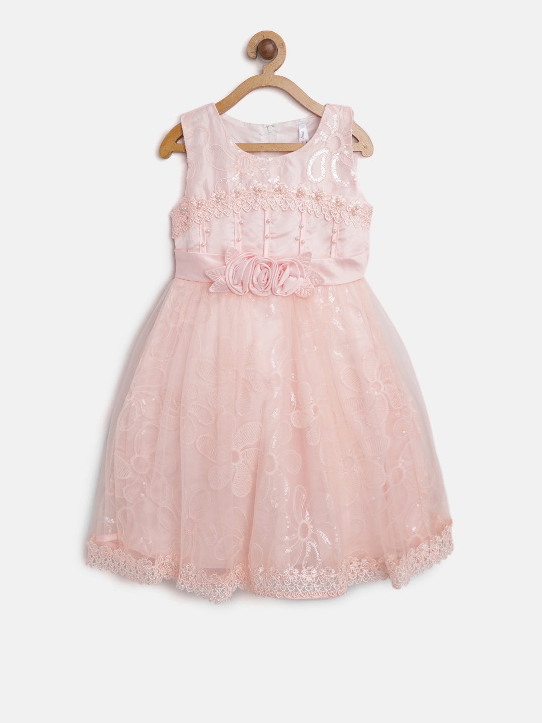 

StyleStone Girls Peach-Coloured Embroidered Layered Fit and Flare Dress