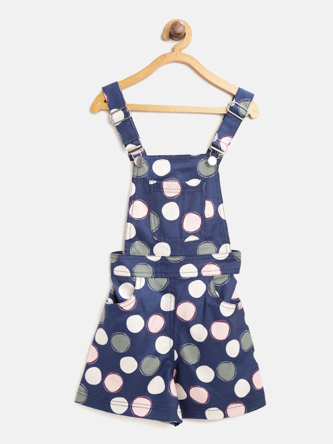 

StyleStone Girls Blue & Pink Polka Dot Print Dungarees