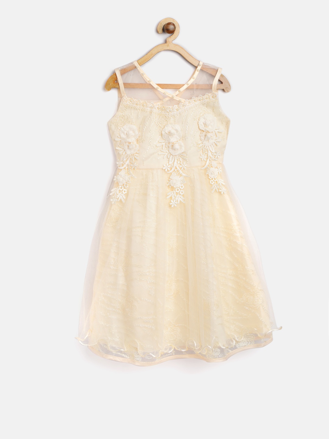 

StyleStone Girls Cream-Coloured Embroidered Fit and Flare Dress