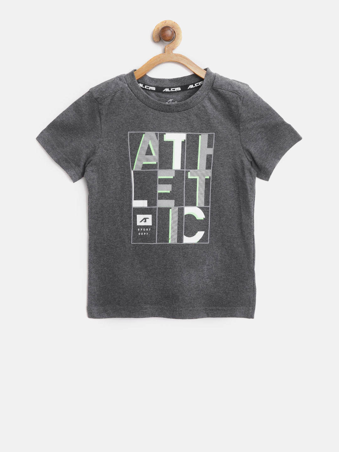

Alcis Boys Charcoal Grey Printed Round Neck Training Pure Cotton T-shirt
