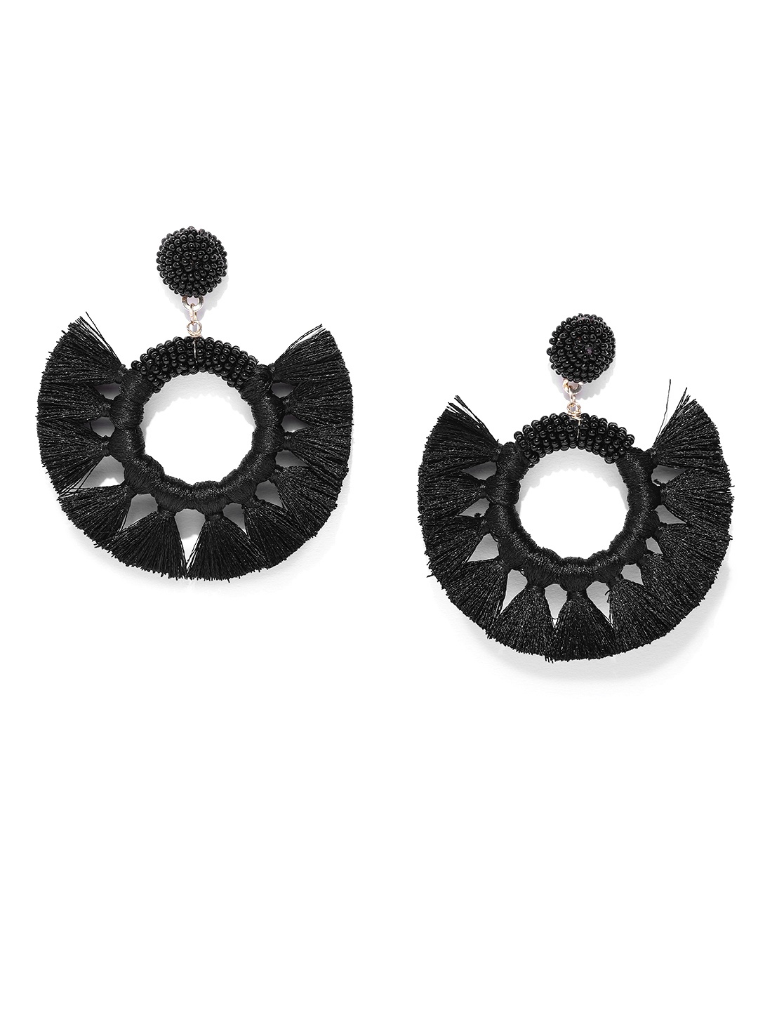 

Blueberry Black Handcrafted Tasselled Beaded Circular Drop Earrings