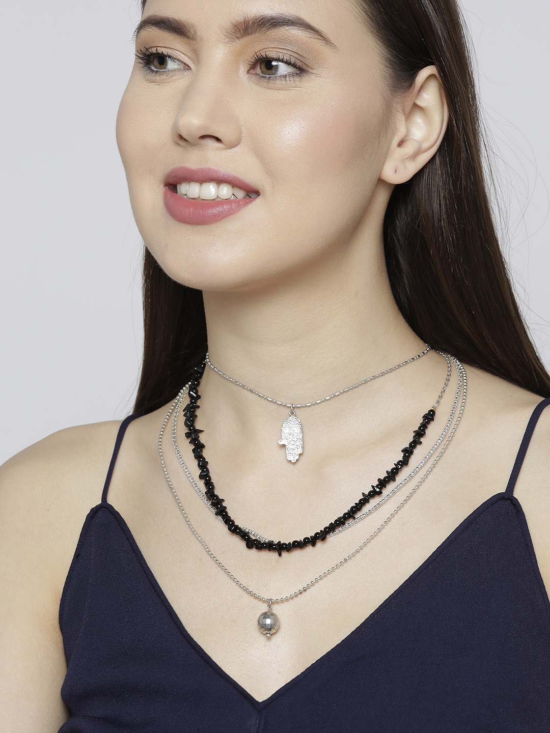 

Blueberry Black Silver-Plated Beaded Handcrafted Layered Necklace