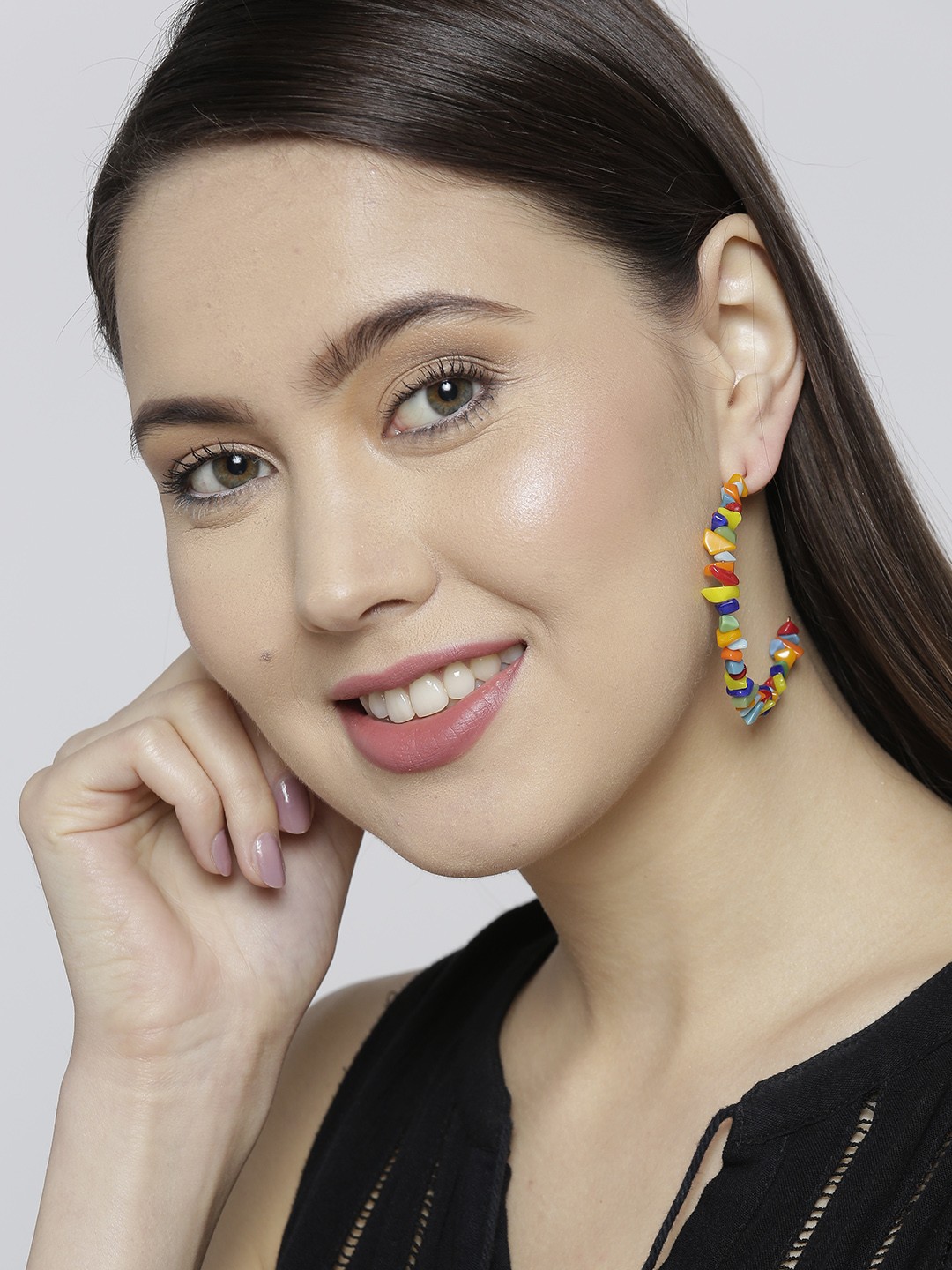 

Blueberry Multicoloured Beaded Handcrafted Circular Half Hoop Earrings, Multi