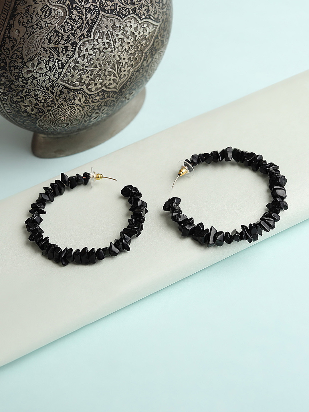 

Blueberry Black Beaded Handcrafted Circular Half Hoop Earrings