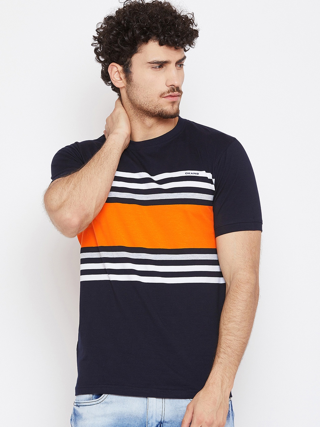 

Okane Men Navy Blue & Orange Striped Round Neck T-shirt