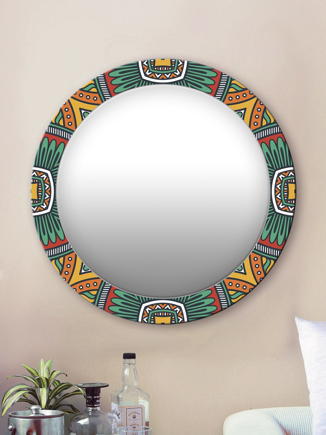 

999Store Green Leaves Printed Wall Round Mirror