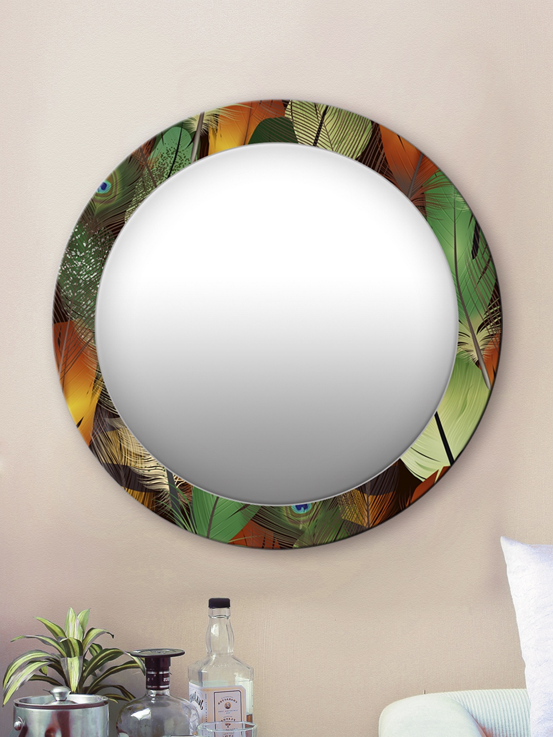 

999Store Multicoloured Peacock Feathers Round MDF Wall Mirror, Multi