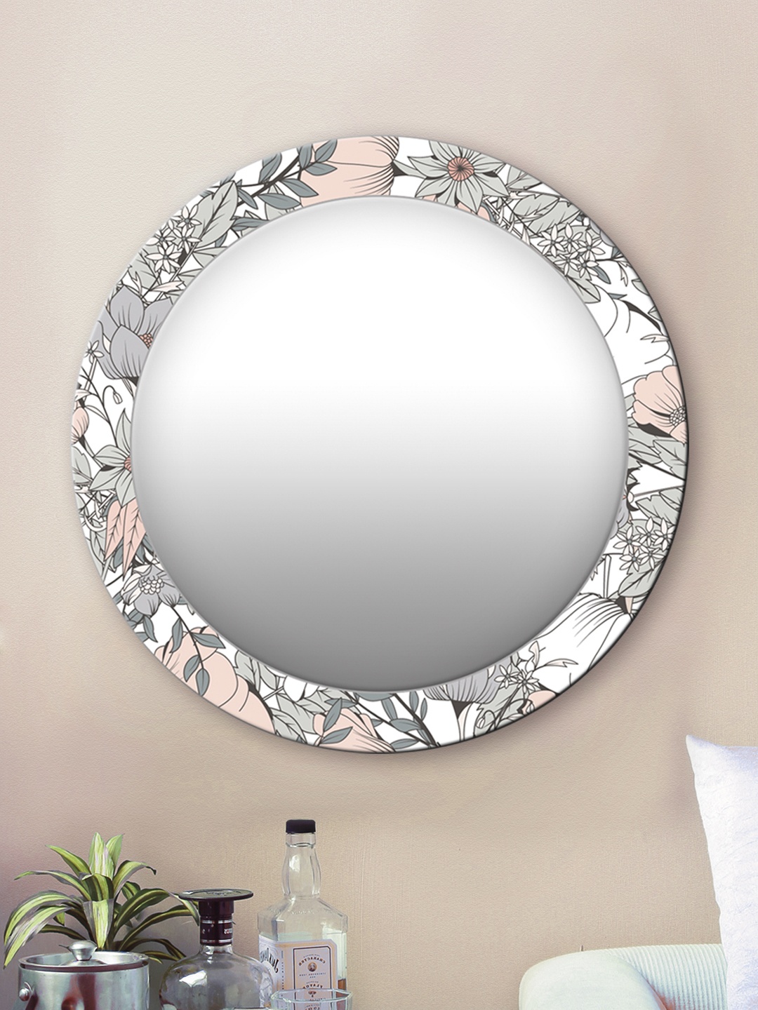 

999Store Grey Flower and Leaves Printed Wall Round Mirror