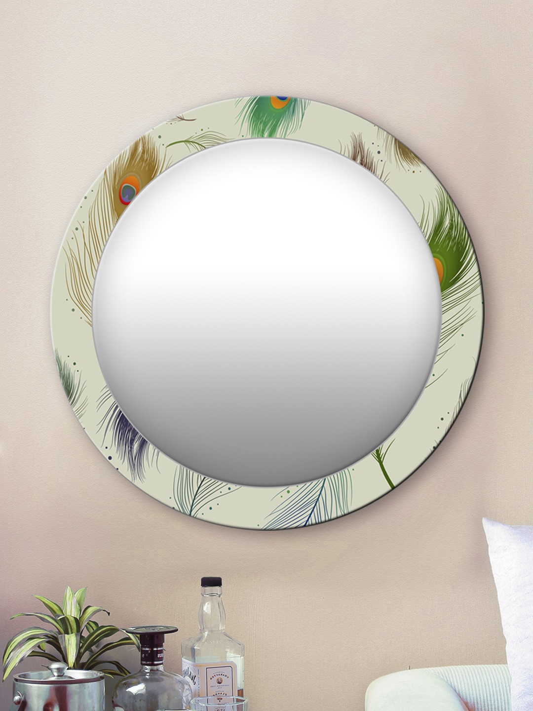 

999Store Multicoloured Peacock Feathers Round MDF Wall Mirror, Multi