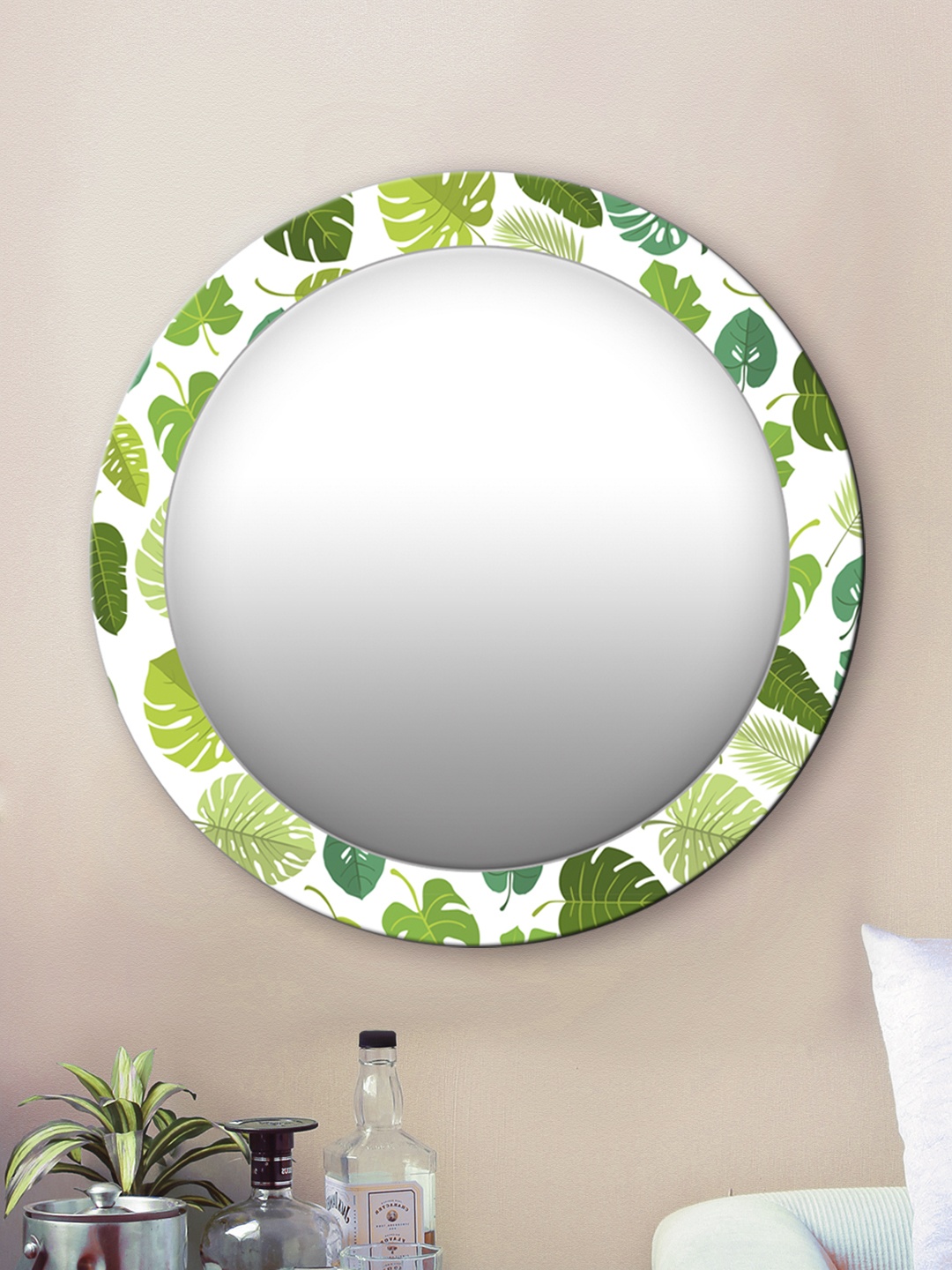 

999Store Green Leaves Pattern Printed Wall Round Mirror