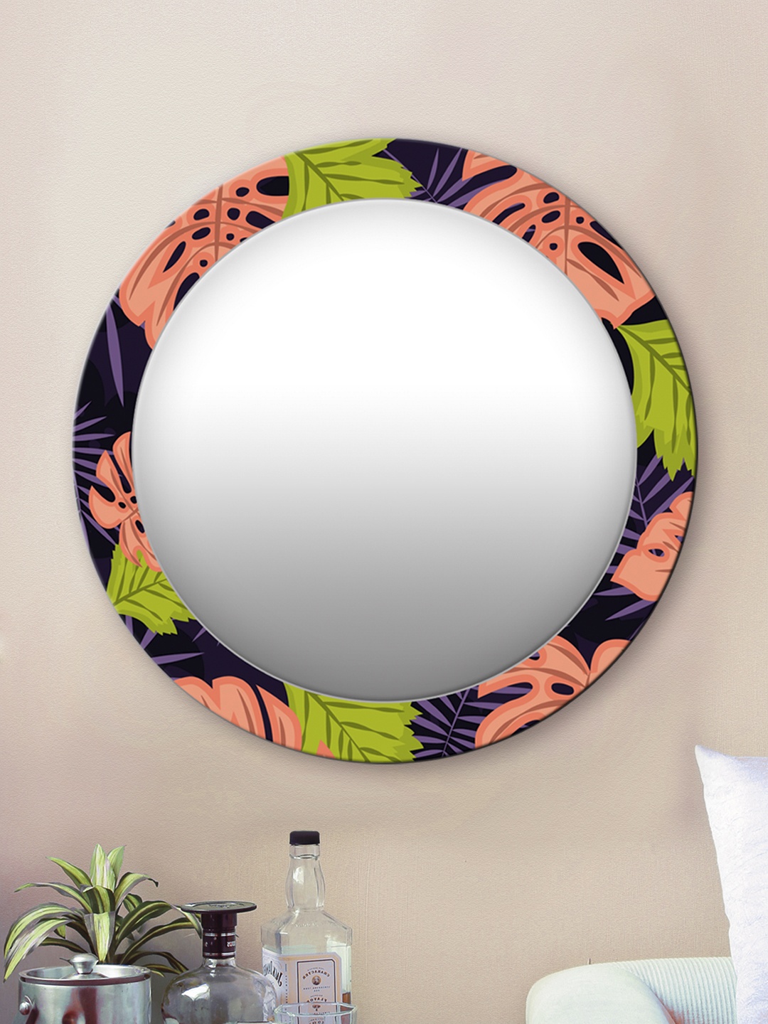 

999Store Green & Orange Printed Wall Mirror