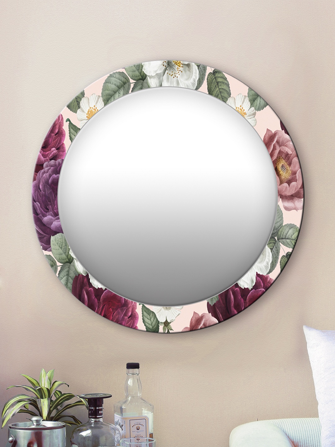 

999Store Multicoloured Floral Pattern Round MDF Wall Mirror, Multi