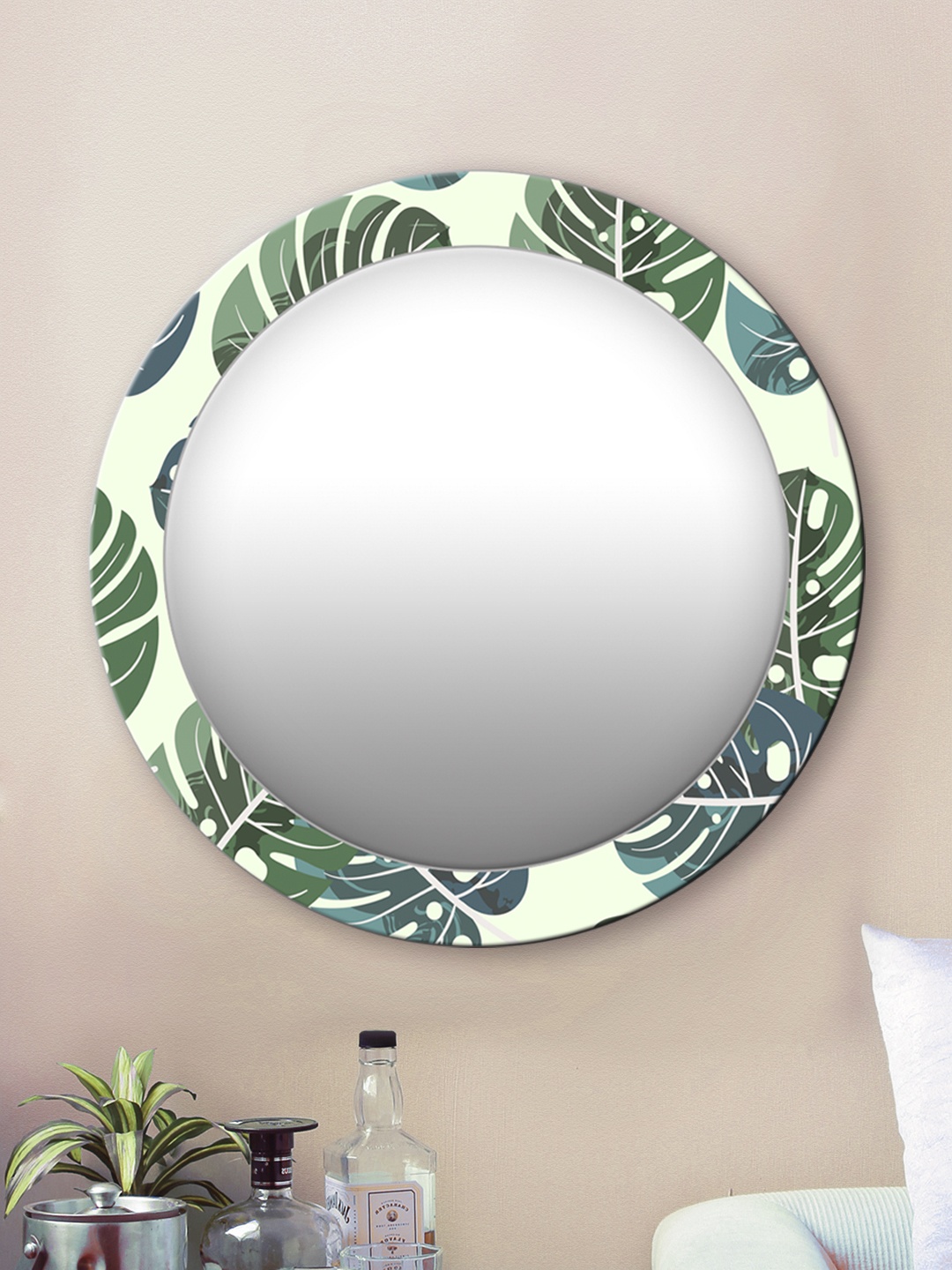 

999Store Green Leaves Pattern Printed Wall Round Mirror