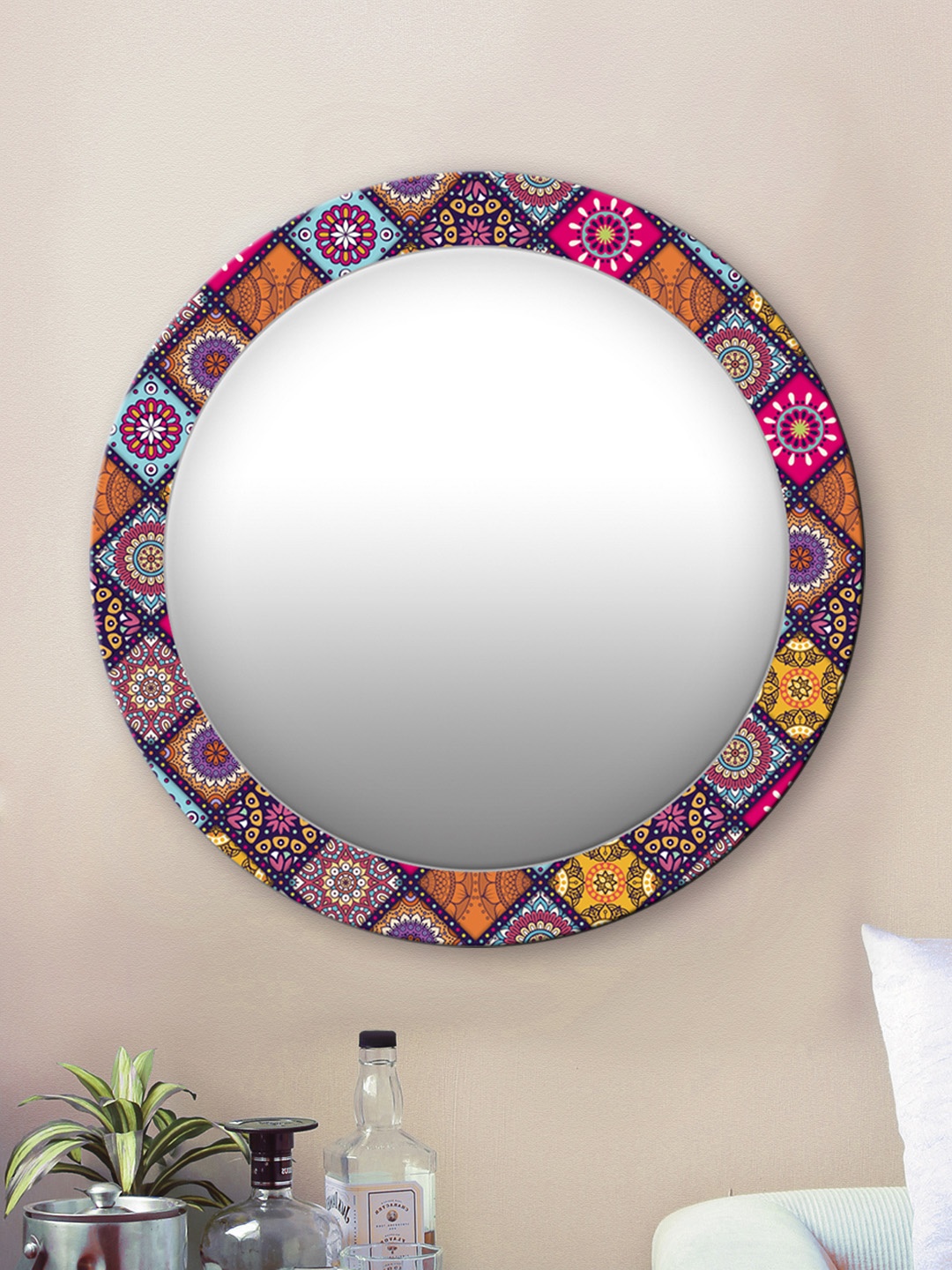 

999Store Multicoloured Floral Pattern Round MDF Wall Mirror, Multi