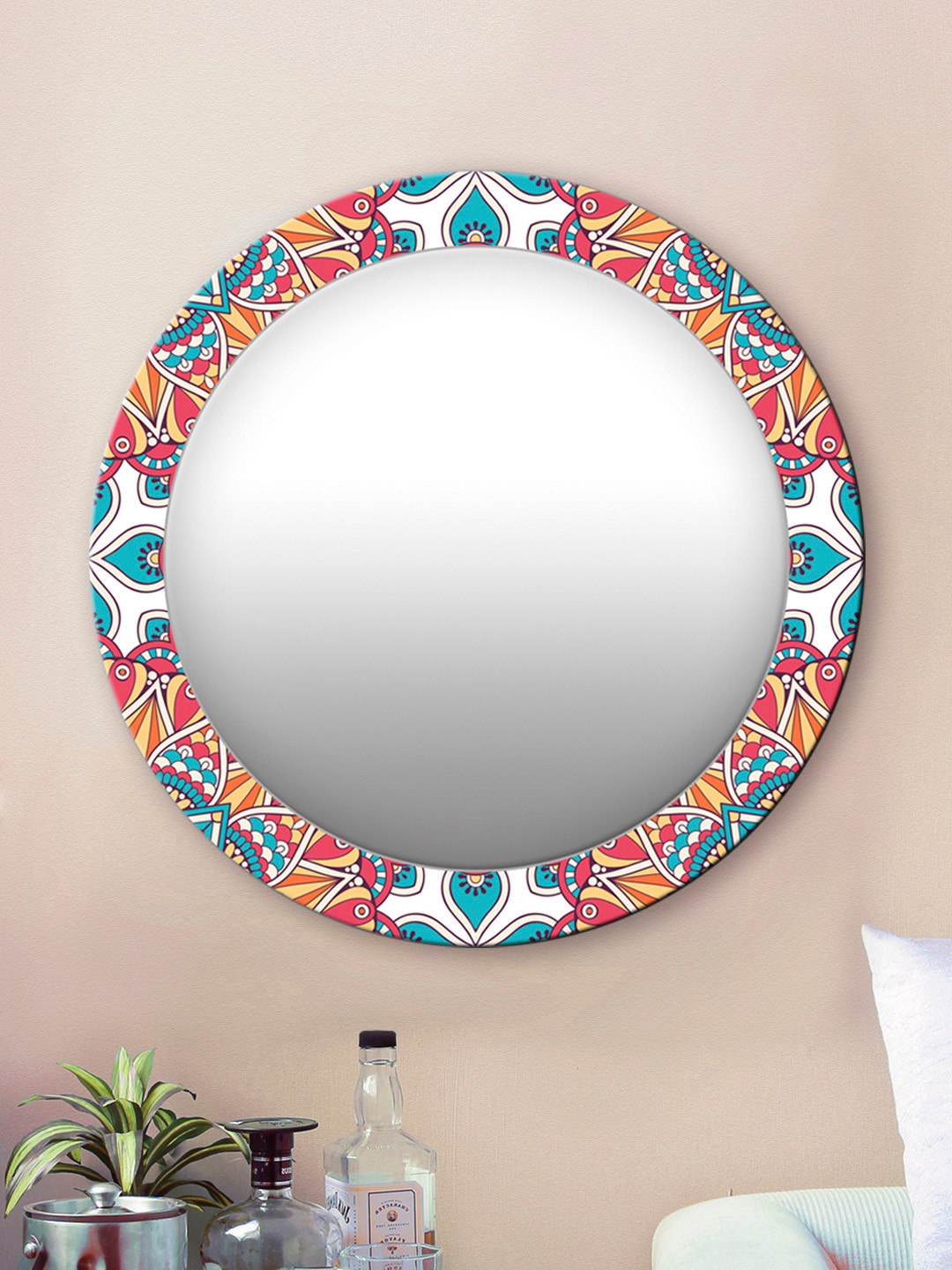 

999Store Unisex Red And Yellow Round Wall Mirror, Multi