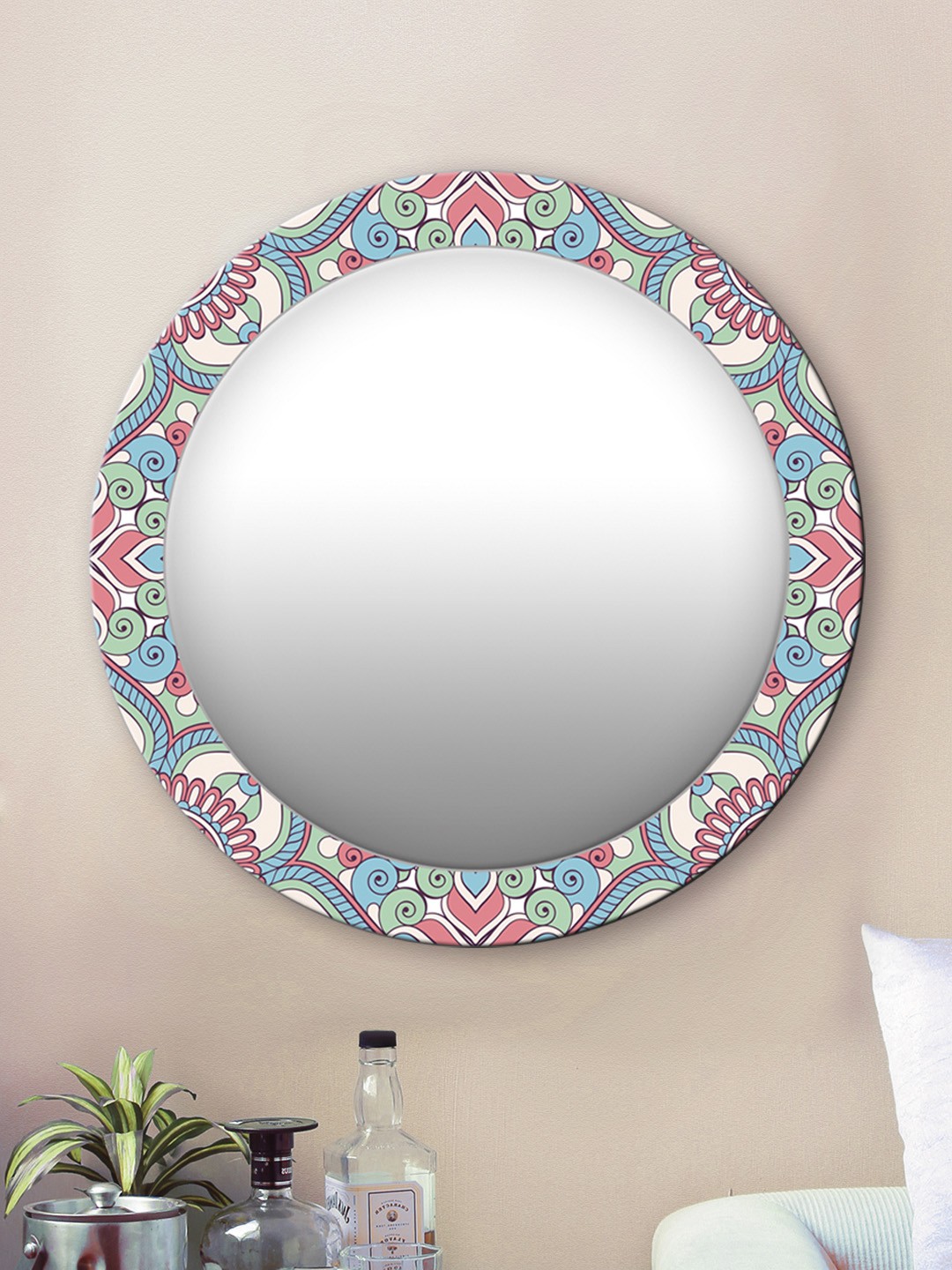 

999Store Unisex Multicolour Flowers And Leaves Round Wall Mirror, Multi