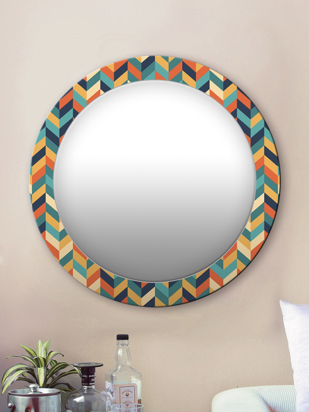 

999Store Multicoloured Geometric Pattern Round MDF Wall Mirror, Multi