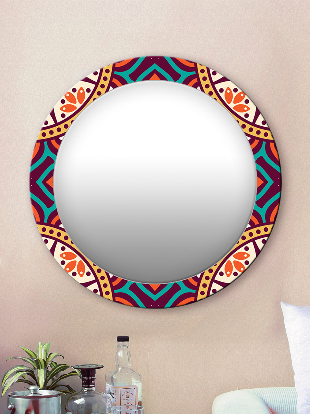 

999Store Multicoloured Abstract Pattern Round MDF Wall Mirror, Multi