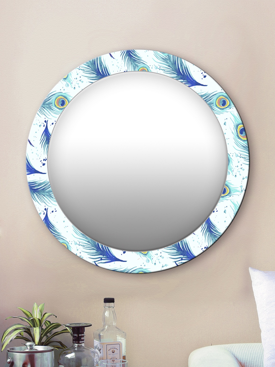 

999Store Unisex White Peacock Feathers Round Wall Mirror