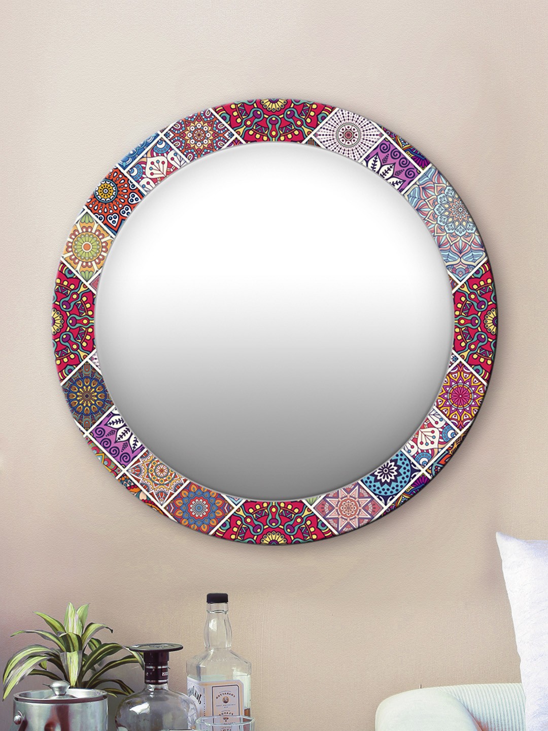 

999Store Multicoloured Floral Pattern Round MDF Wall Mirror, Multi