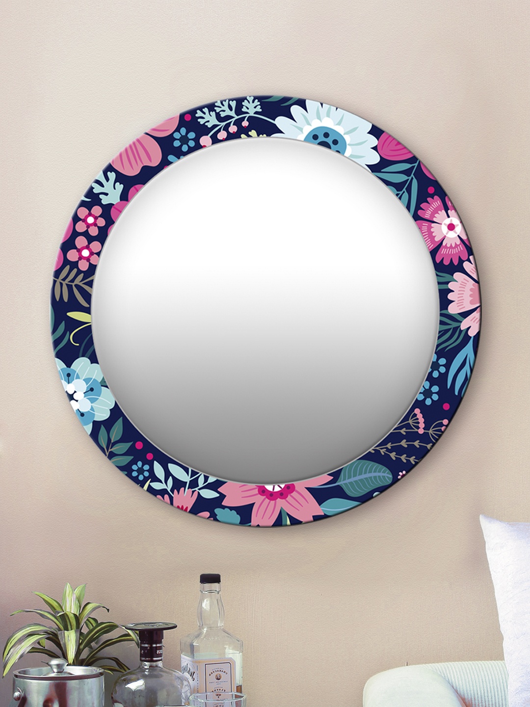 

999Store Multicoloured Floral Pattern Round MDF Wall Mirror, Multi