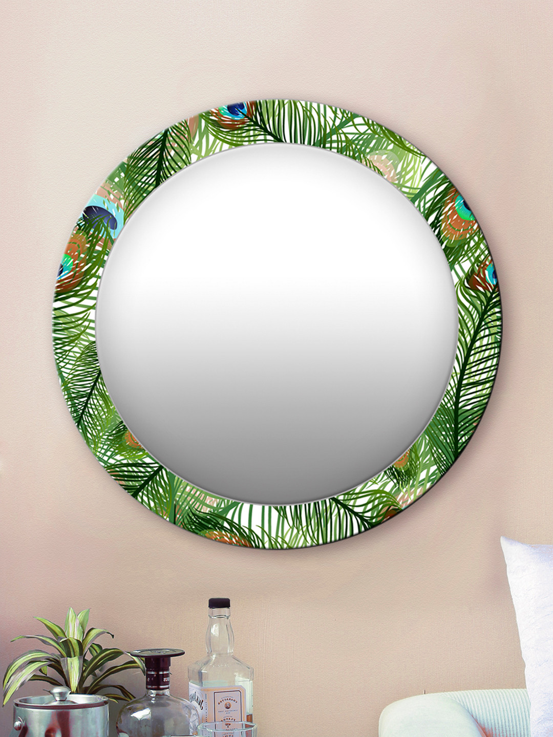 

999Store Green Peacock Feathers Printed Wall Round Mirror, Multi