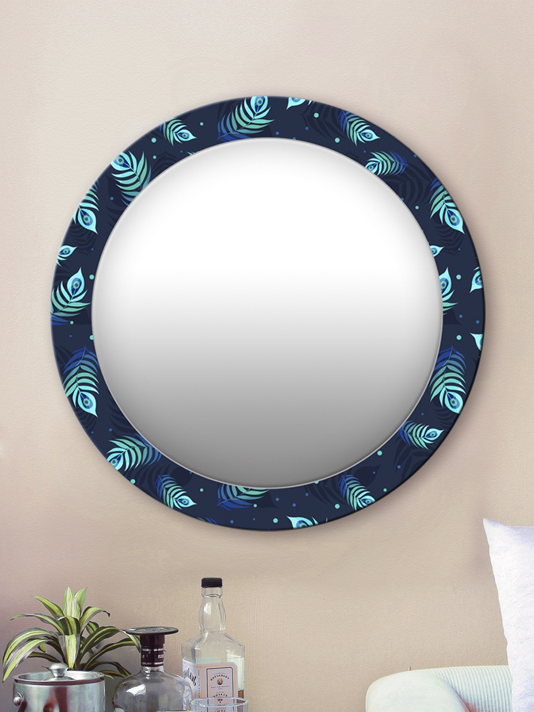 

999Store Blue Peacock Feather Printed Wall Round Mirror